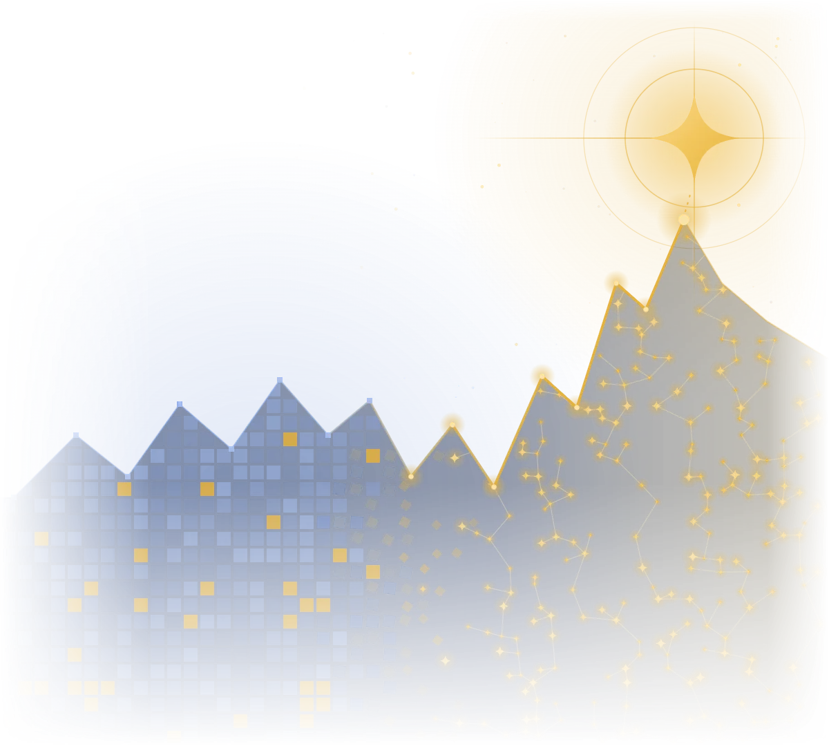 A grid of city blocks rising into a mountain of connected stars, with a bright star at the peak